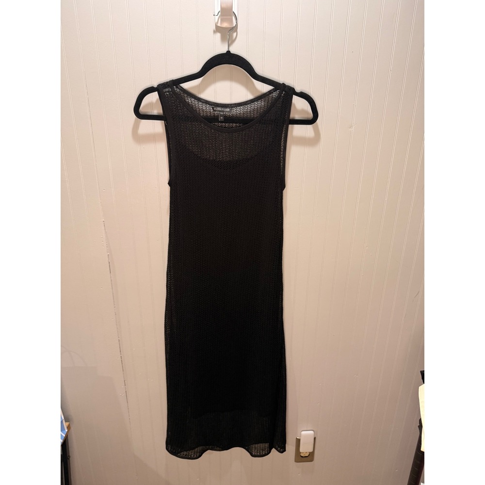 Eileen Fisher Womens Black Open Knit Mesh Sleeveless Midi Tank Dress XS